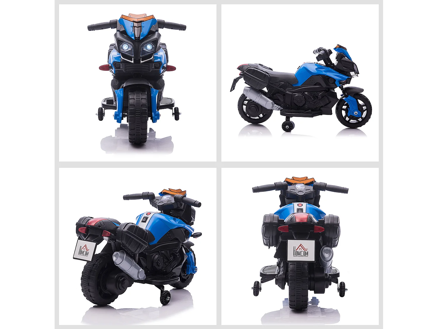 Moto électrique enfant 6 V 3 Km/h effet lumineux et sonore roulettes amovibles repose-pied valises latérales métal PP bleu noir