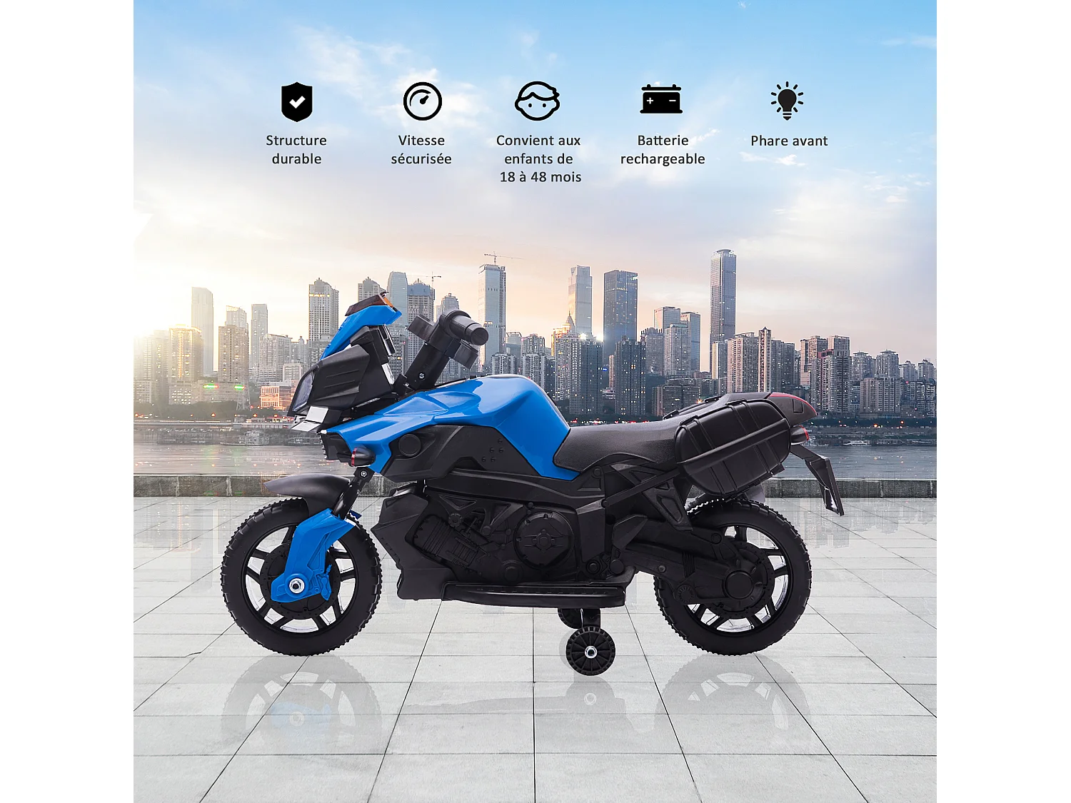 Moto électrique enfant 6 V 3 Km/h effet lumineux et sonore roulettes amovibles repose-pied valises latérales métal PP bleu noir