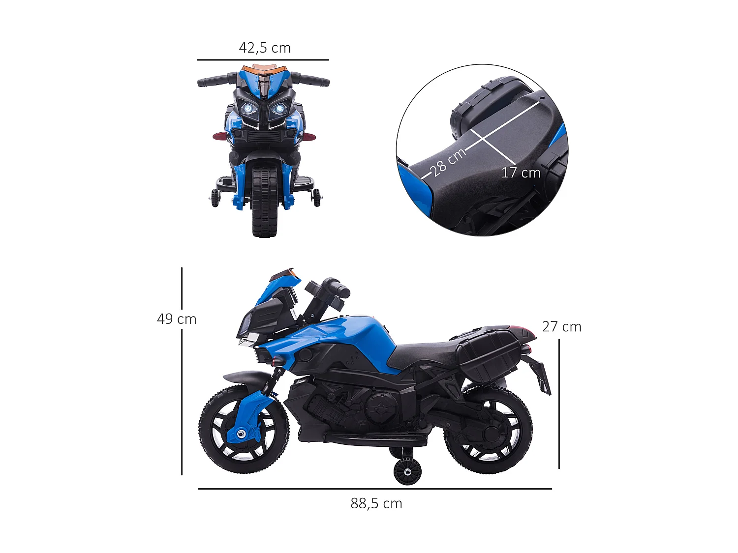 Moto électrique enfant 6 V 3 Km/h effet lumineux et sonore roulettes amovibles repose-pied valises latérales métal PP bleu noir