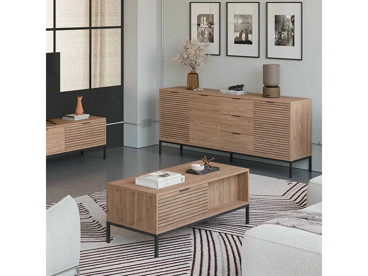 APPA - Table Basse Tiroirs à Ouverture Bi-latérale Aspect bois Tasseaux Pieds Métal