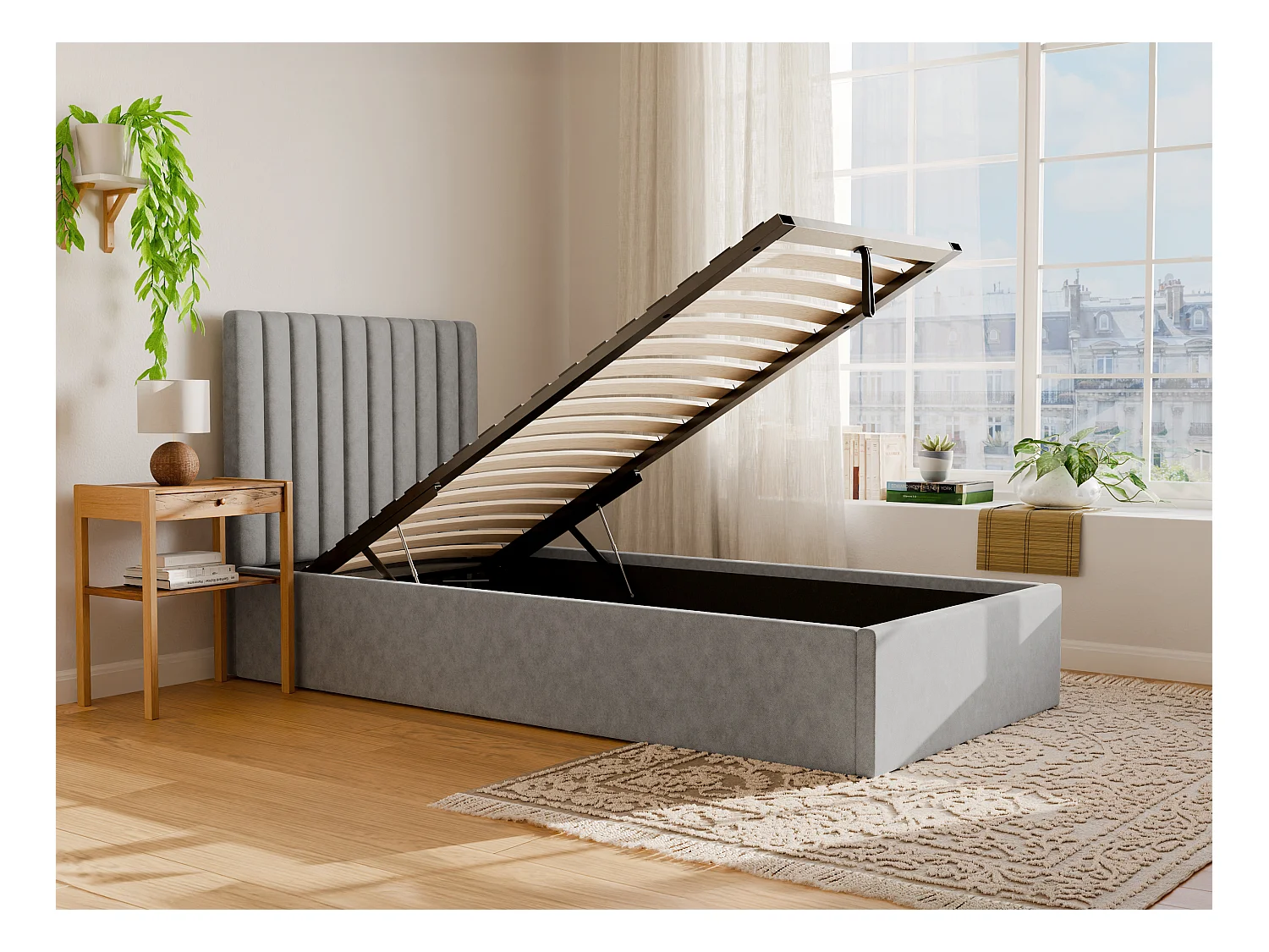 Cama nido 90 x 190 cm con cabecero de costuras verticales - Tela - Gris + Colchón - SARAH