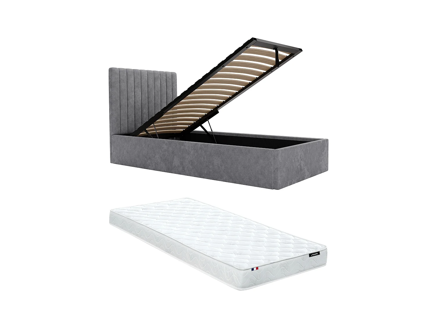 Cama nido 90 x 190 cm con cabecero de costuras verticales - Tela - Gris + Colchón - SARAH