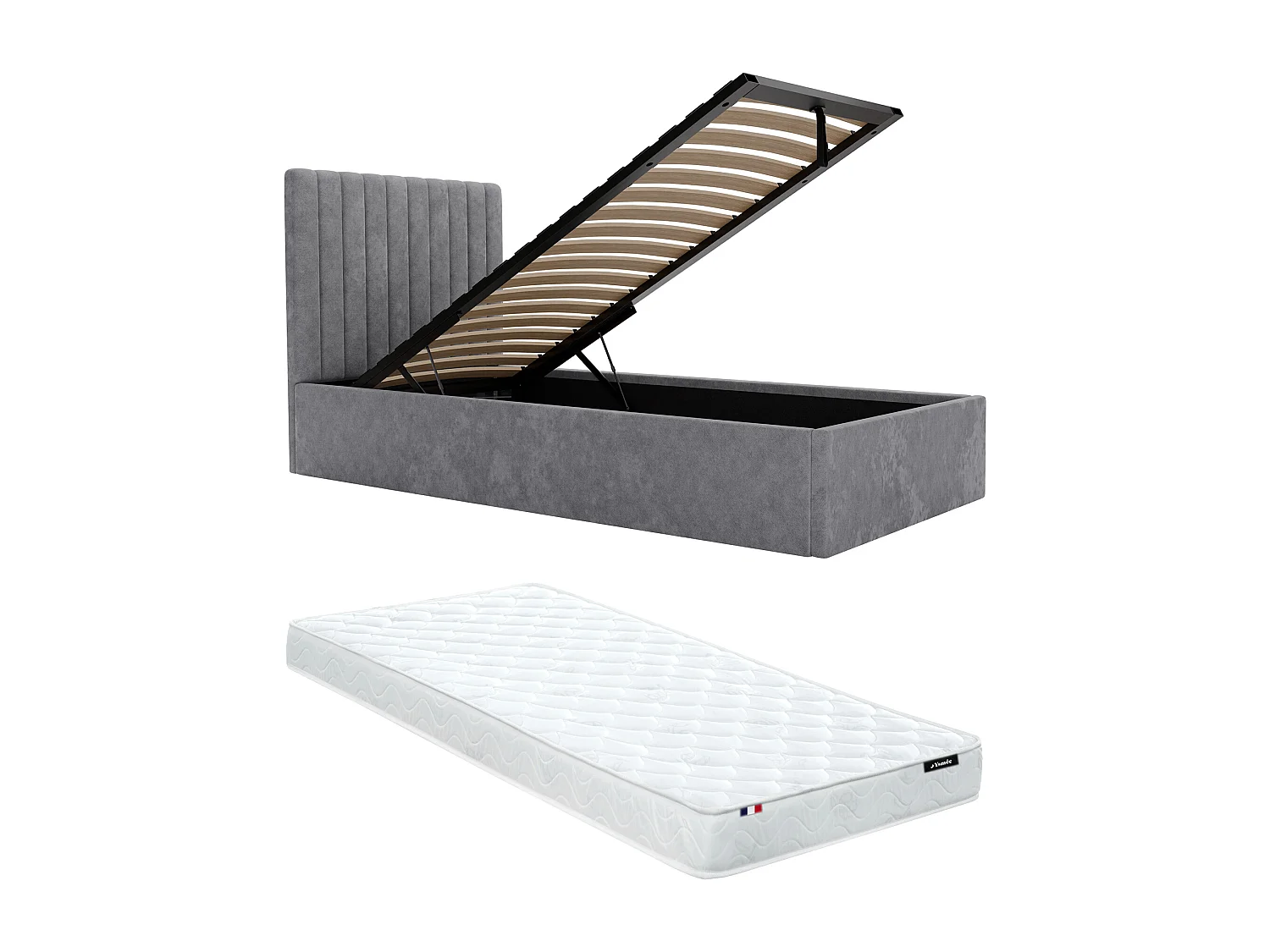 Cama nido 90 x 190 cm con cabecero de costuras verticales - Tela - Gris + Colchón - SARAH