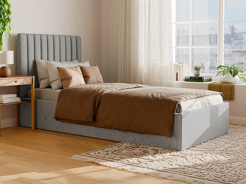 Lit coffre 90 x 190 cm avec tête de lit coutures verticales - Tissu - Gris + Matelas - SARAH