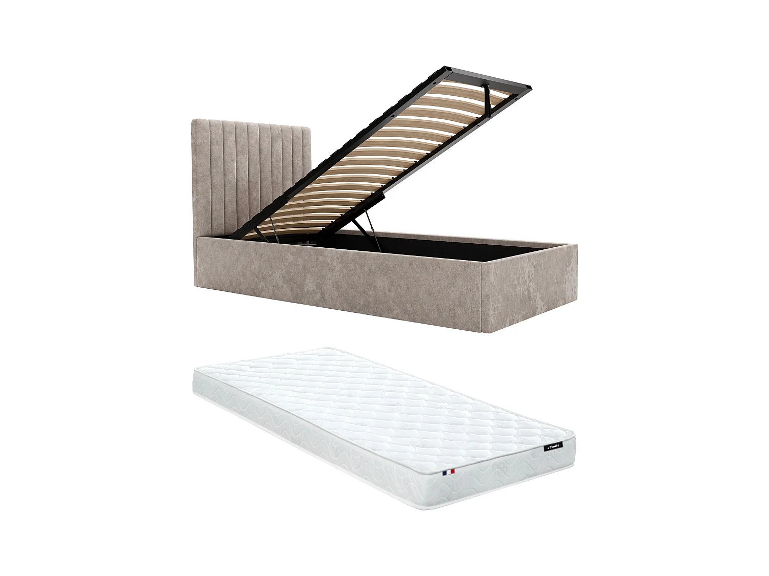 Letto con contenitore 90 x 190 cm con testata letto impunture verticali Tessuto Beige + Materasso - SARAH