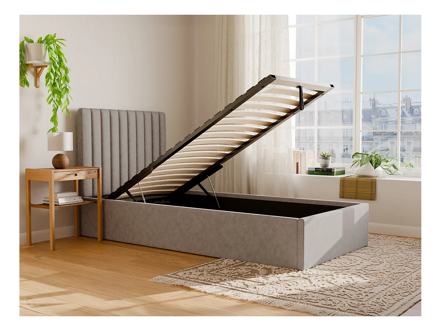 Bed met opbergruimte 90 x 190 cm met hoofdbord met verticale stiksels - Stof - Beige + matras - SARAH