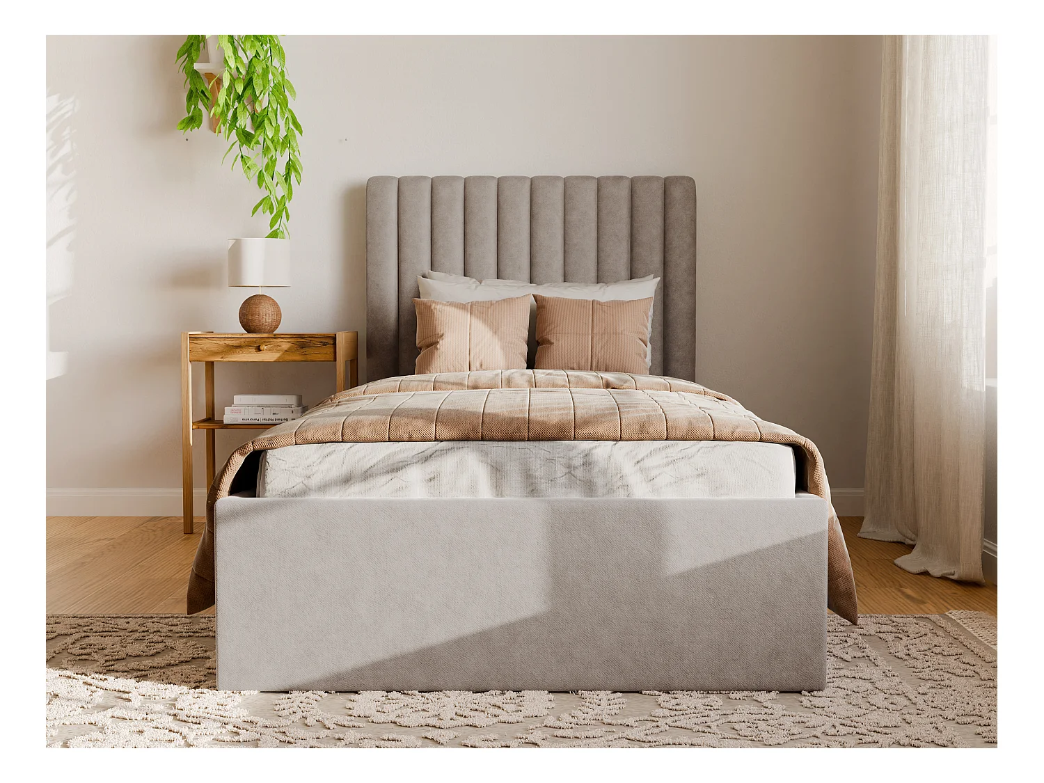 Bed met opbergruimte 90 x 190 cm met hoofdbord met verticale stiksels - Stof - Beige + matras - SARAH