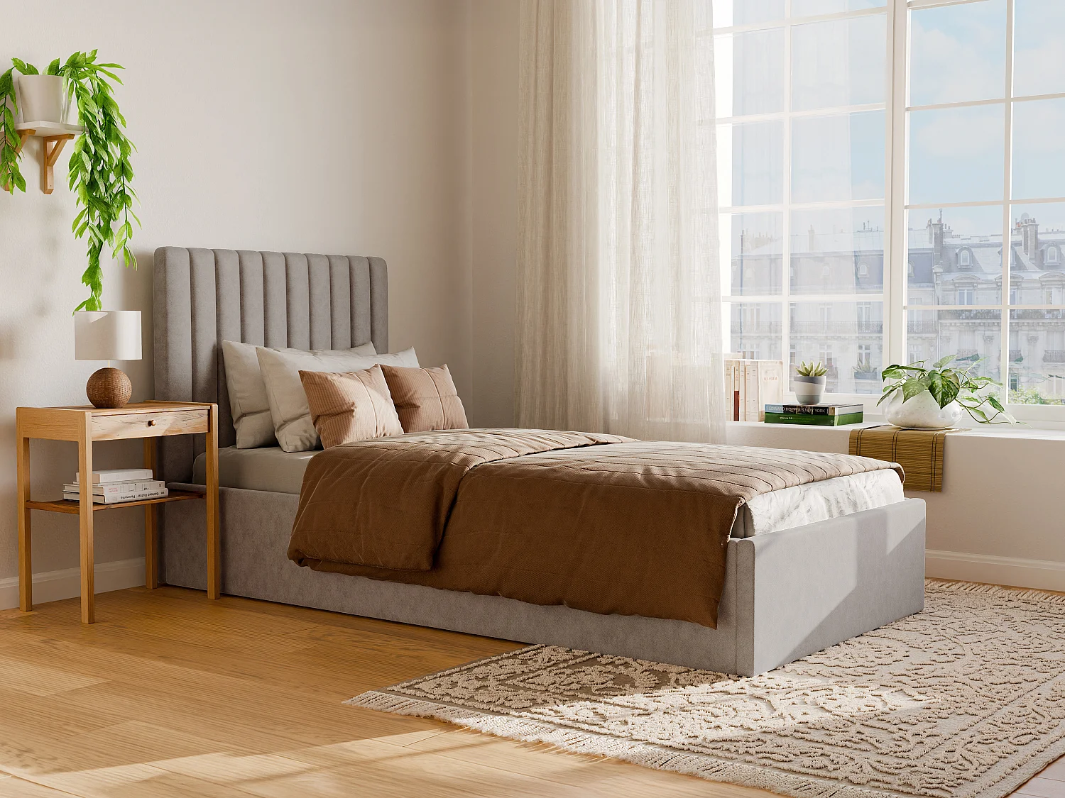 Letto con contenitore 90 x 190 cm con testata letto impunture verticali Tessuto Beige + Materasso - SARAH