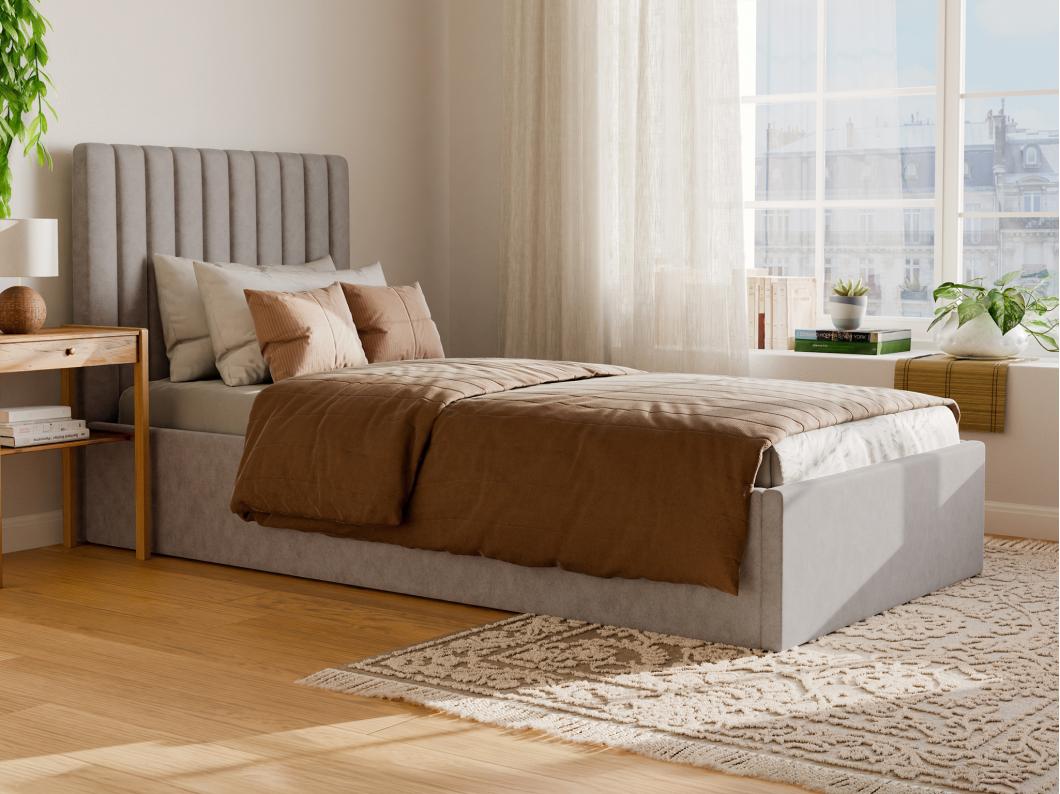 Lit coffre 90 x 190 cm avec tête de lit coutures verticales - Tissu - Beige + Matelas - SARAH