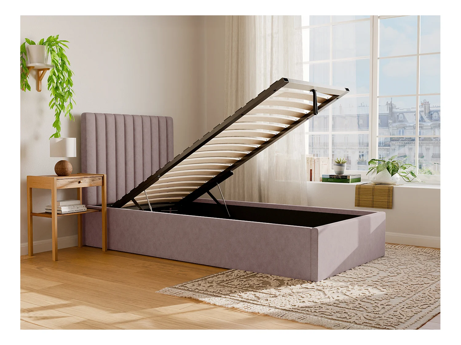 Bed met opbergruimte 90 x 190 cm met hoofdbord met verticale stiksels - Stof - Roze + matras - SARAH