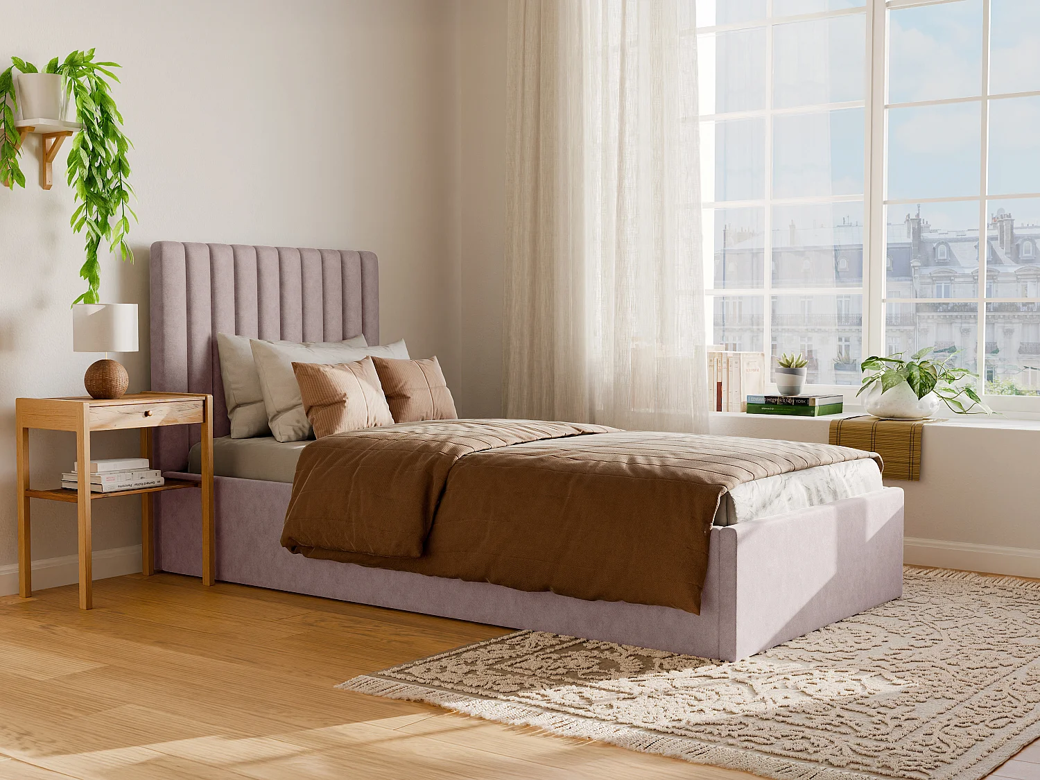Lit coffre 90 x 190 cm avec tête de lit coutures verticales - Tissu - Rose + Matelas - SARAH