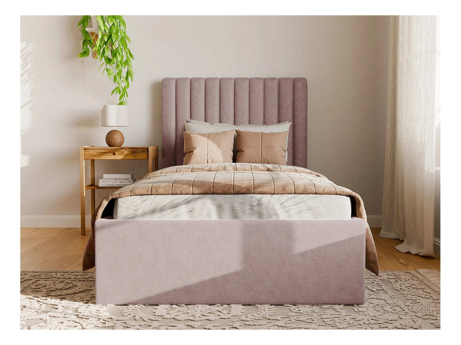 Lit coffre 90 x 190 cm avec tête de lit coutures verticales - Tissu - Rose + Matelas - SARAH
