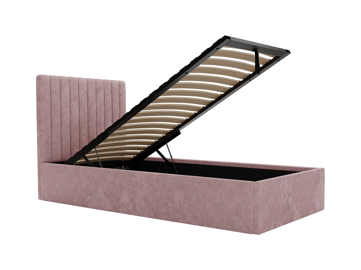 Lit coffre 90 x 190 cm avec tête de lit coutures verticales - Tissu - Rose + Matelas - SARAH