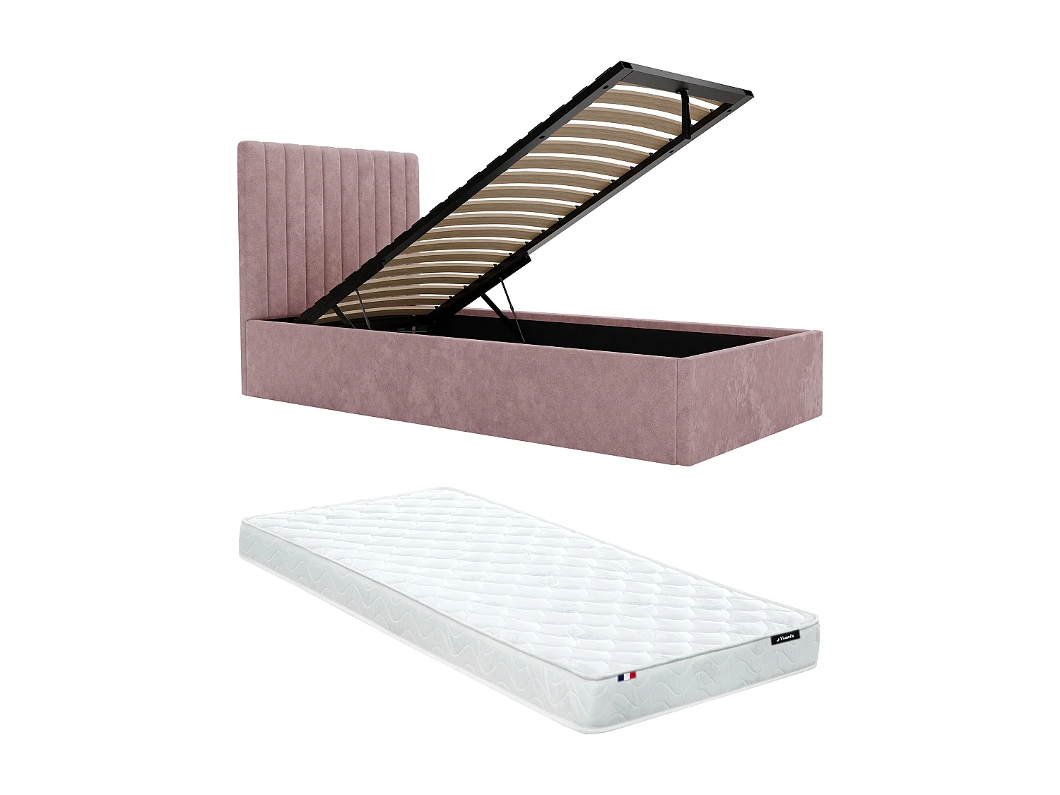 Cama com espaço de arrumação 90x190 cm com cabeceira e costuras verticais tecido cor-de-rosa + colchão - SARAH