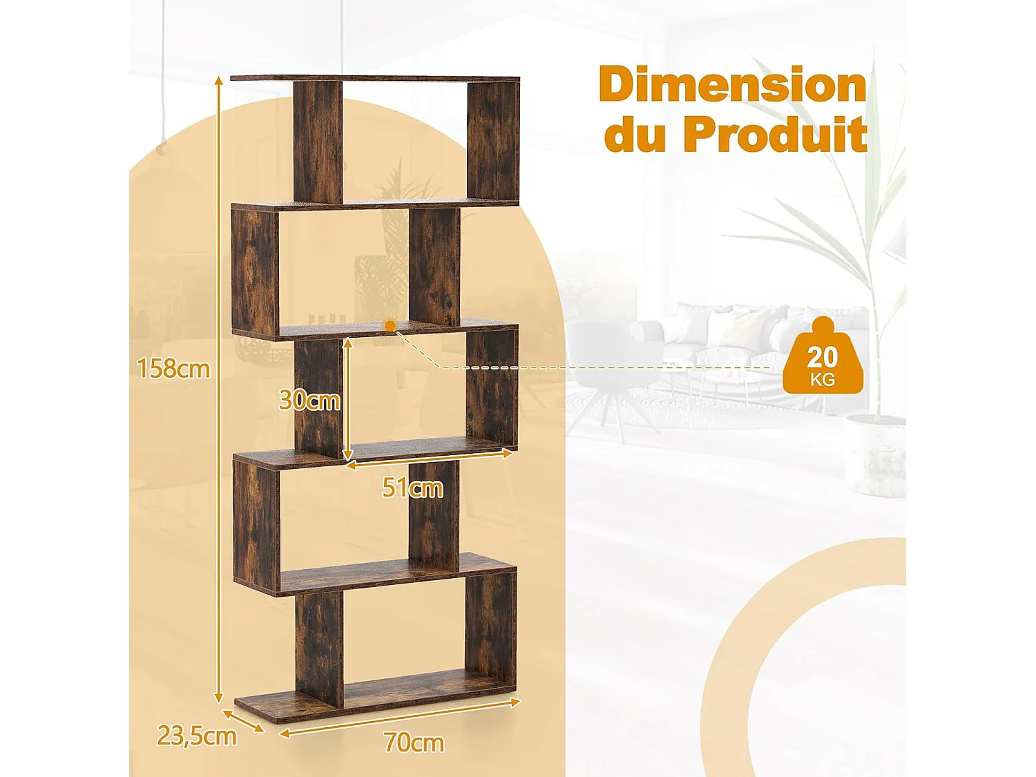 Bibliothèque Industrielle en Forme de S, Étagère à 5 Niveaux, Meuble de Rangement avec Anti-basculement, 70 x 23,5 x 158 cm, pour Salon, Chambre, Bureau, Marron Rustique
