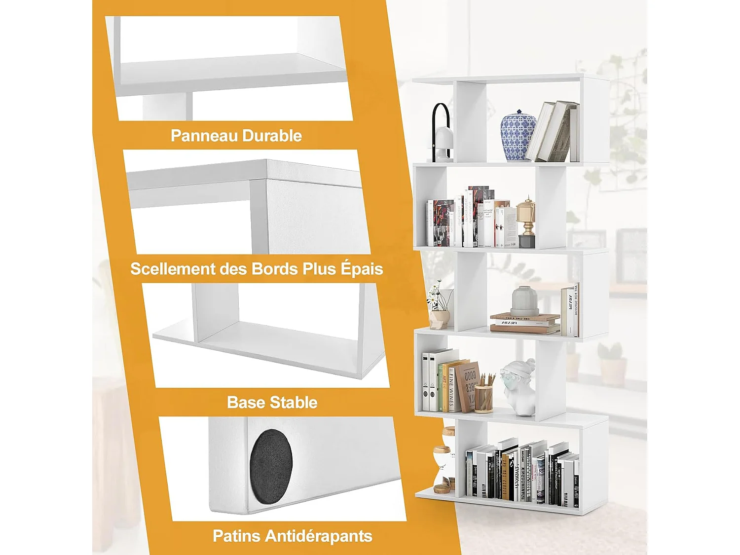 Bibliothèque Industrielle en Forme de S, Étagère à 5 Niveaux, Meuble de Rangement avec Anti-basculement, 70 x 23,5 x 158 cm, pour Salon, Chambre, Bureau, Marron Rustique