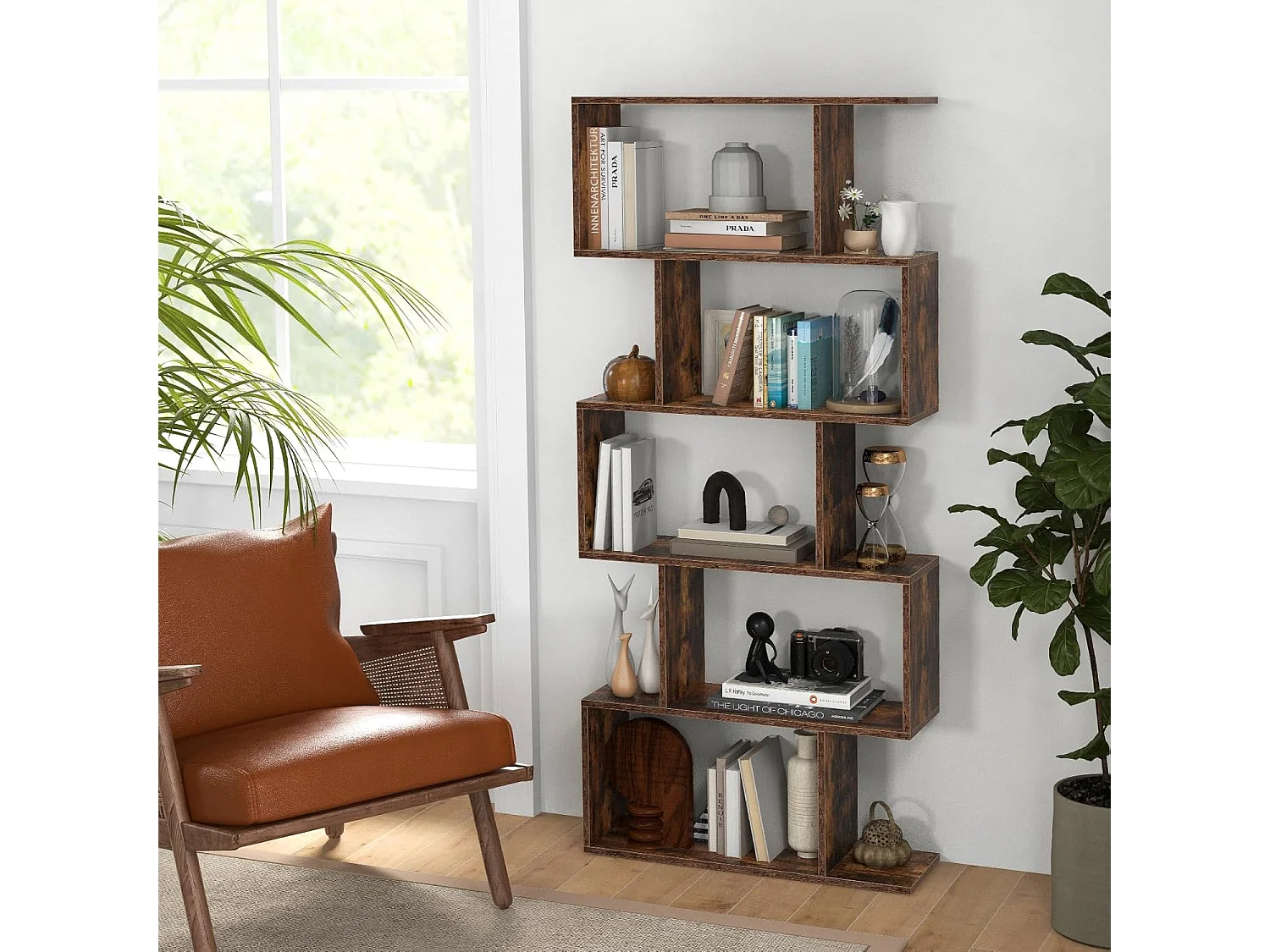 Bibliothèque Industrielle en Forme de S, Étagère à 5 Niveaux, Meuble de Rangement avec Anti-basculement, 70 x 23,5 x 158 cm, pour Salon, Chambre, Bureau, Marron Rustique