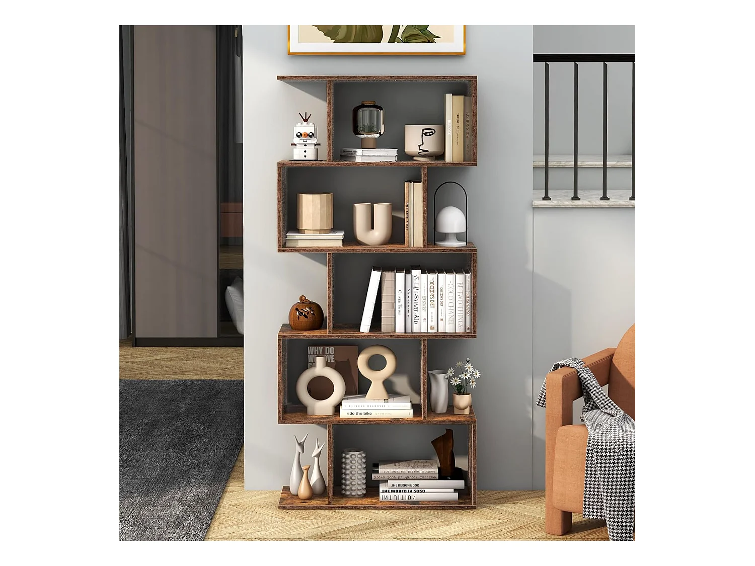 Bibliothèque Industrielle en Forme de S, Étagère à 5 Niveaux, Meuble de Rangement avec Anti-basculement, 70 x 23,5 x 158 cm, pour Salon, Chambre, Bureau, Marron Rustique