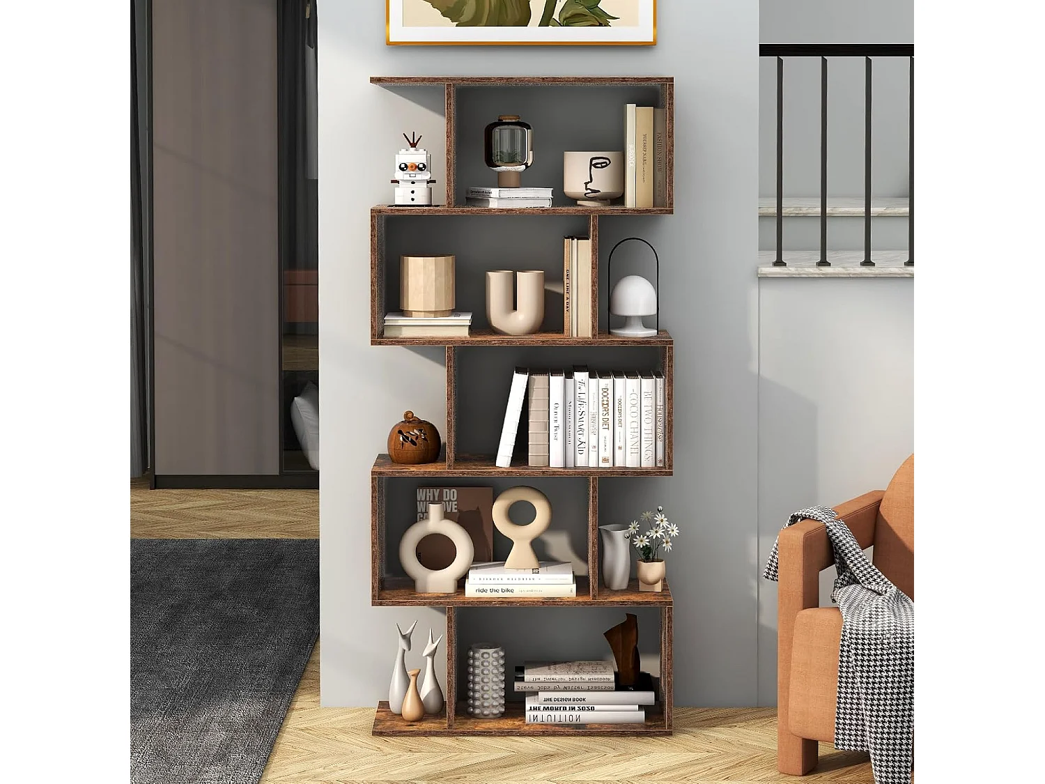 Bibliothèque Industrielle en Forme de S, Étagère à 5 Niveaux, Meuble de Rangement avec Anti-basculement, 70 x 23,5 x 158 cm, pour Salon, Chambre, Bureau, Marron Rustique