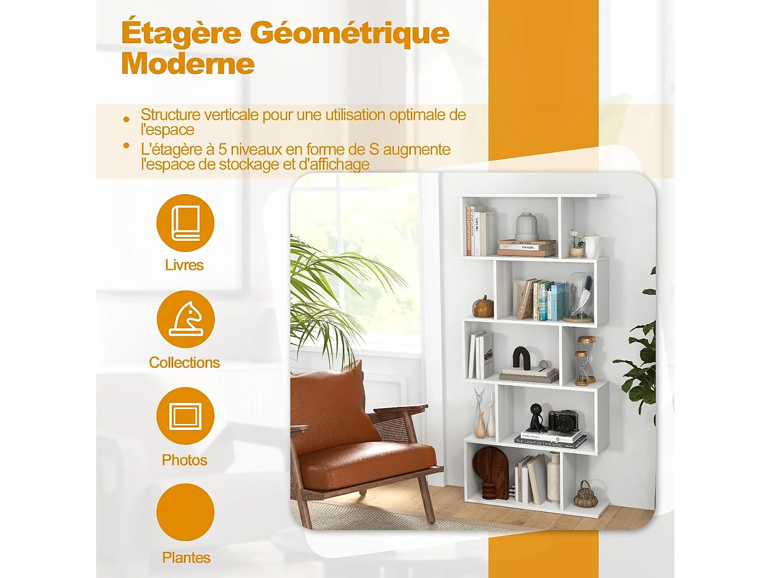 Bibliothèque Industrielle en Forme de S, Étagère à 5 Niveaux, Meuble de Rangement avec Anti-basculement, 70 x 23,5 x 158 cm, pour Salon, Chambre, Bureau, Marron Rustique