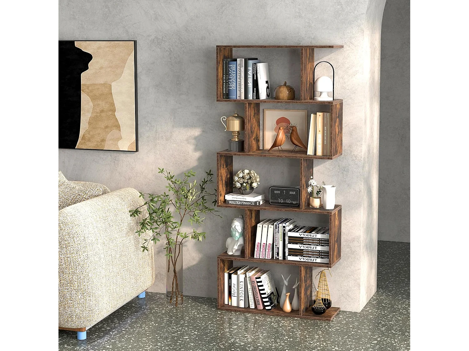 Bibliothèque Industrielle en Forme de S, Étagère à 5 Niveaux, Meuble de Rangement avec Anti-basculement, 70 x 23,5 x 158 cm, pour Salon, Chambre, Bureau, Marron Rustique