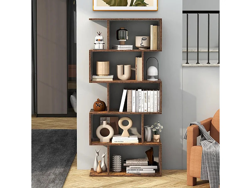 Bibliothèque industrielle en forme de s, 5 niveaux, 70 x 23,5 x 158 cm, marron rustique