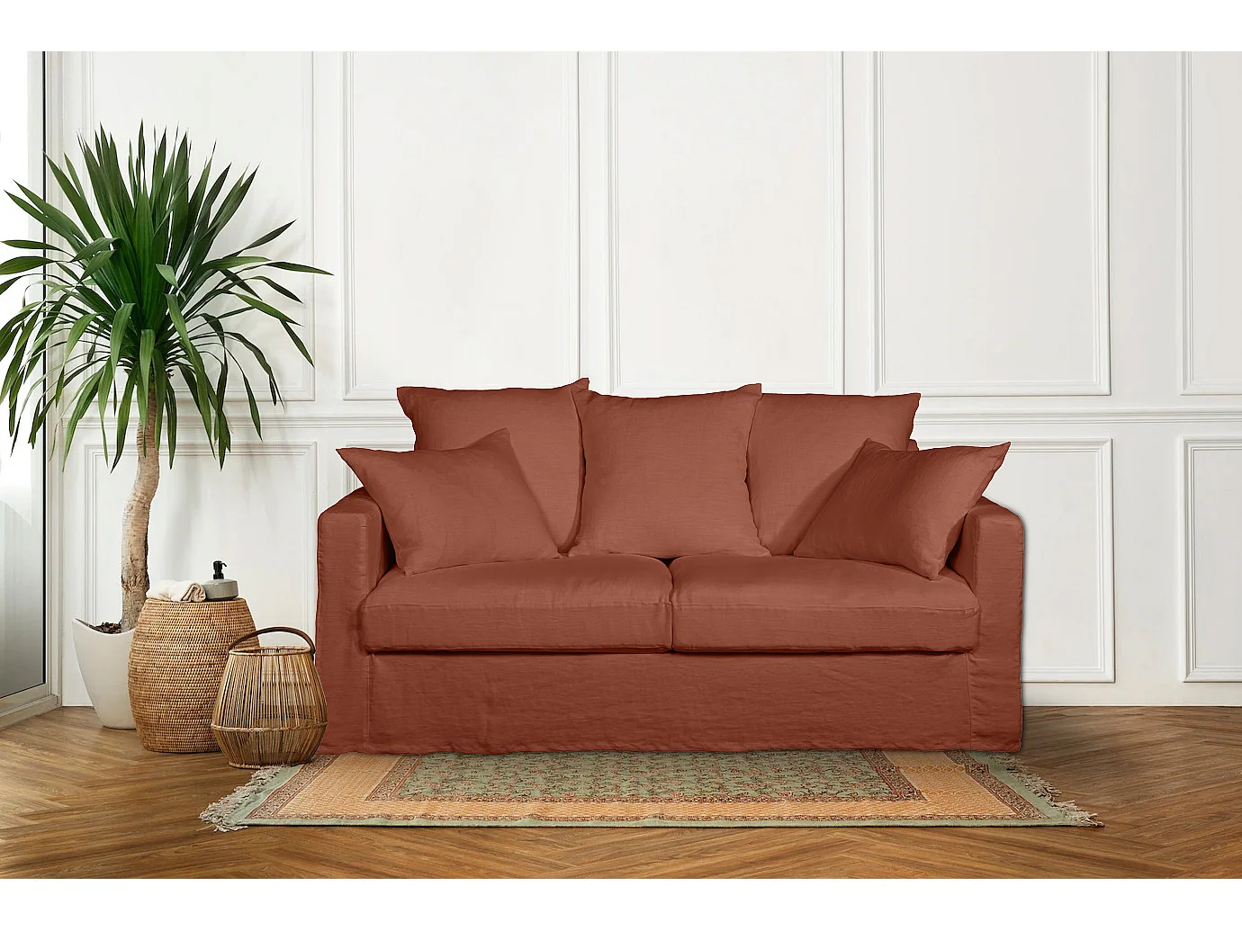 Canapé lin 3 pl SOFIA 177 cm fixe tissu Terracotta 100% déhoussable – Fab France