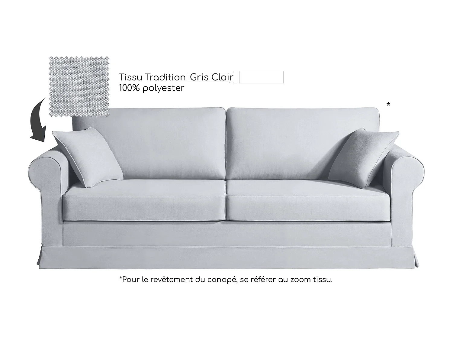 Canapé 4 pl COLME 210 cm fixe tissu Tradition Gris Clair - 100% déhoussable - Fab. France