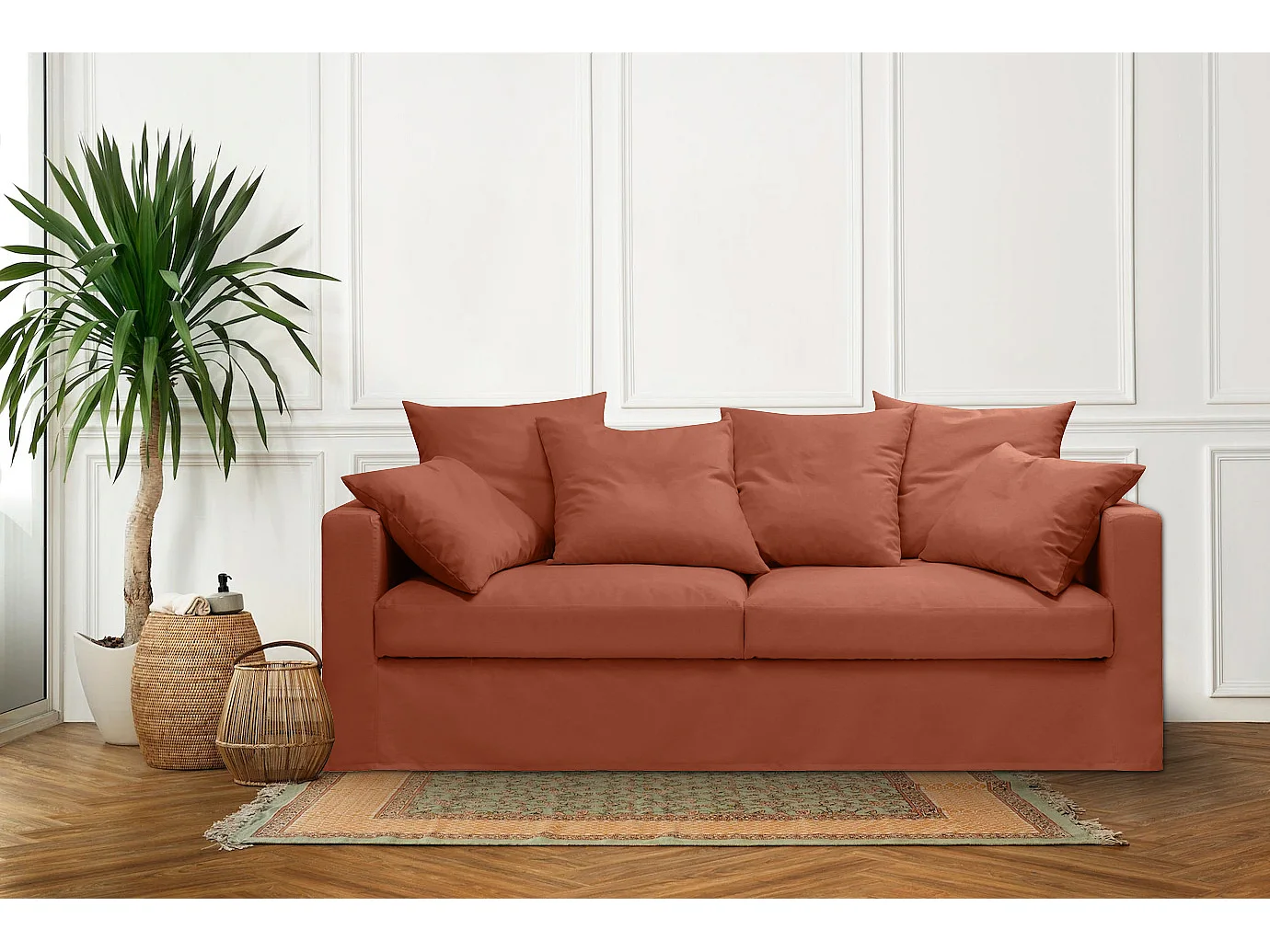 Canapé lin 4 pl SOFIA 197 cm fixe tissu Terracotta 100% déhoussable – Fab France