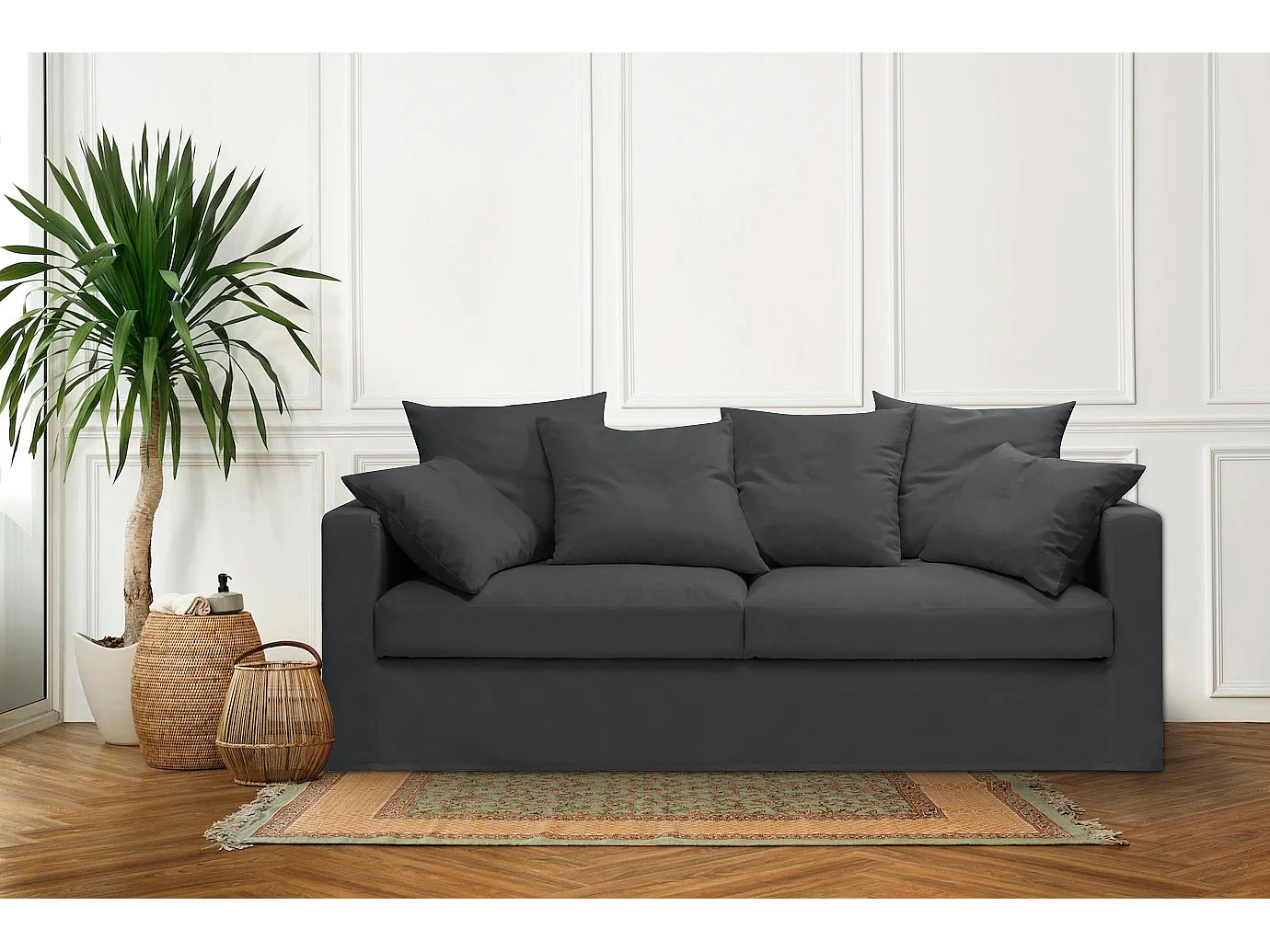 Canapé lin 4 pl SOFIA 197 cm fixe tissu Anthracite 100% déhoussable – Fab France