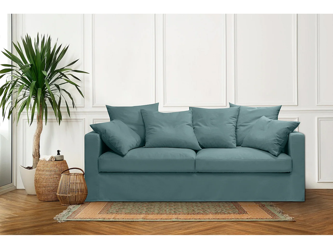 Canapé lin 4 pl SOFIA 197 cm fixe tissu Petrol 100% déhoussable – Fab France