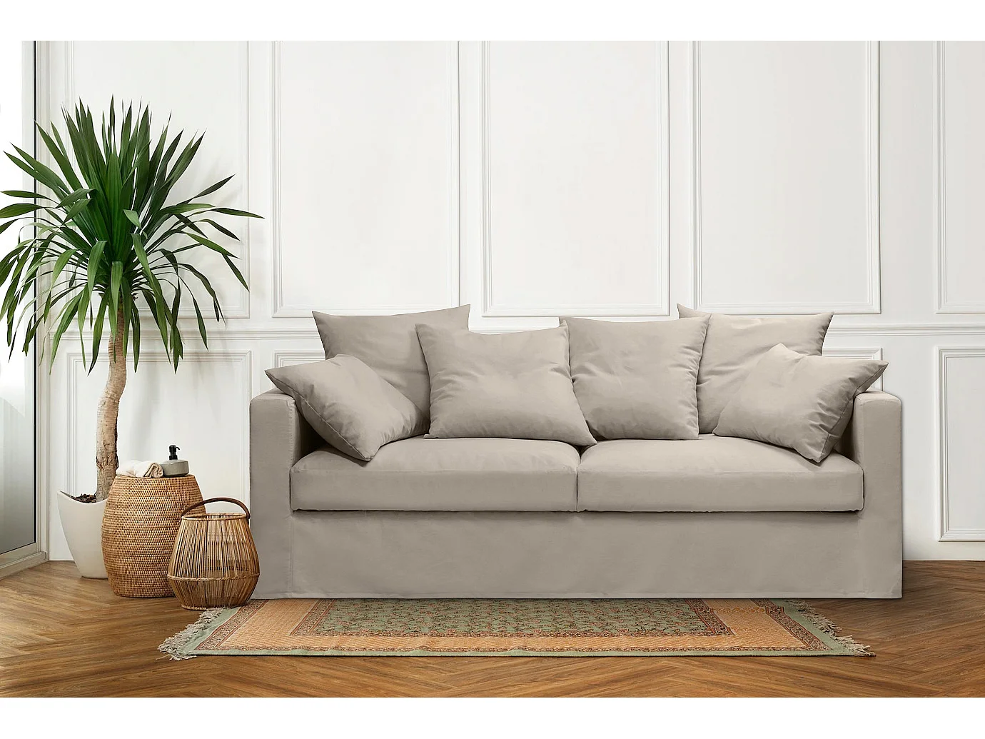 Canapé lin 4 pl SOFIA 197 cm fixe tissu Ficelle 100% déhoussable – Fab France