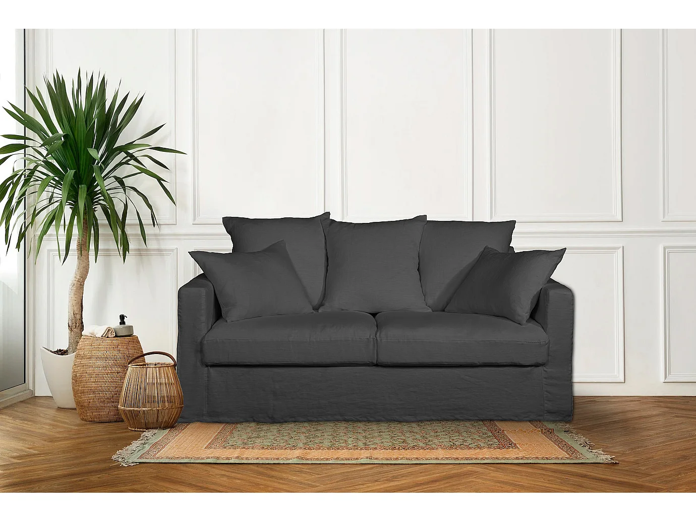 Canapé lin 3 pl SOFIA 177 cm fixe tissu Anthracite 100% déhoussable – Fab France