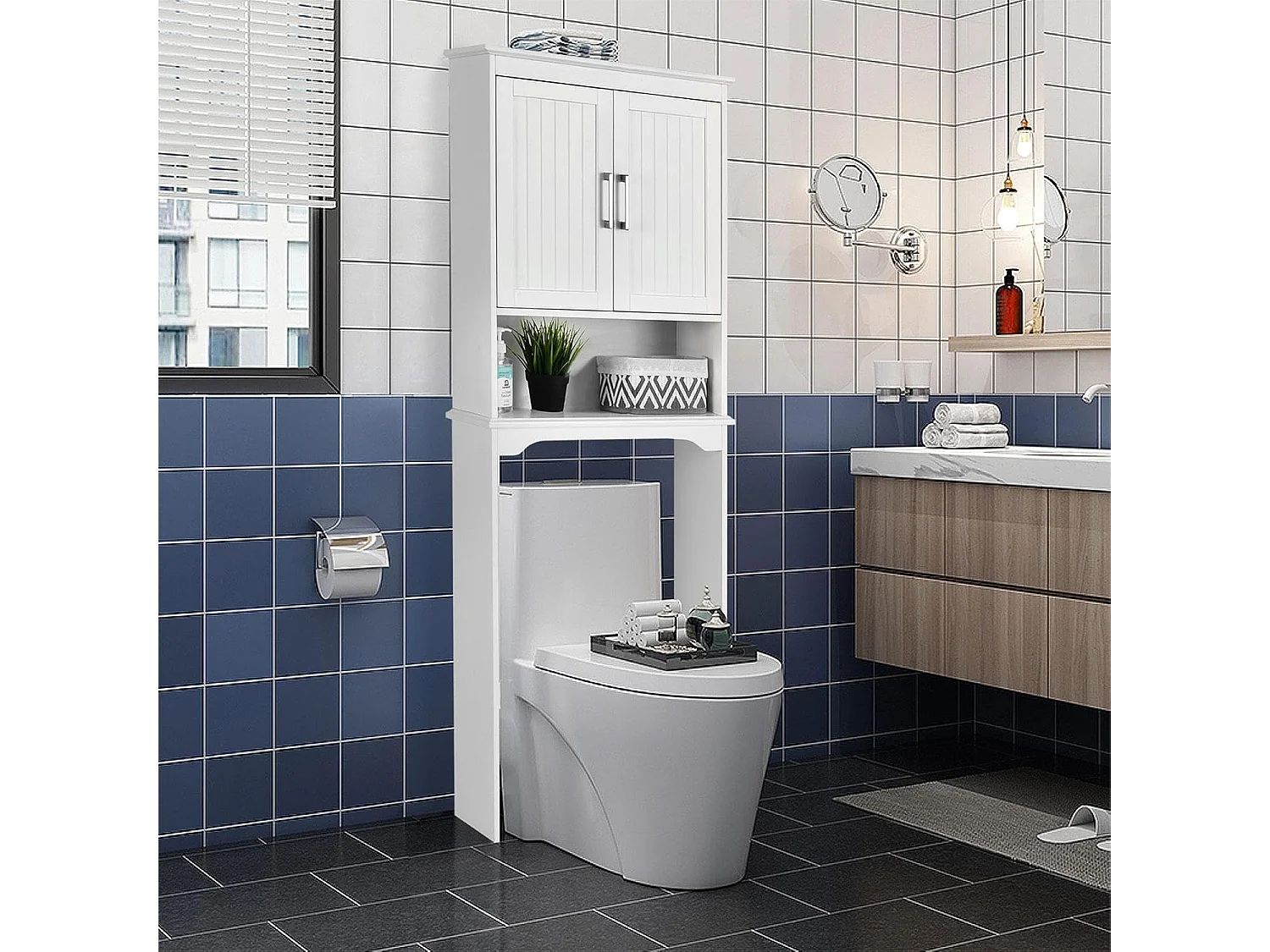 Meuble wc dessus de toilettes avec 3 étagères pour rangement blanc moderne 63 x 23 x 168 cm blanc