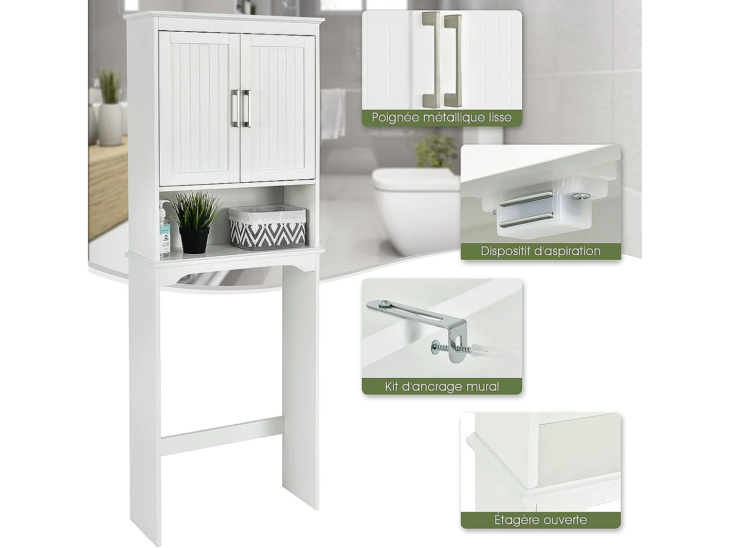 Meuble wc dessus de toilettes avec 3 étagères pour rangement blanc moderne 63 x 23 x 168 cm blanc