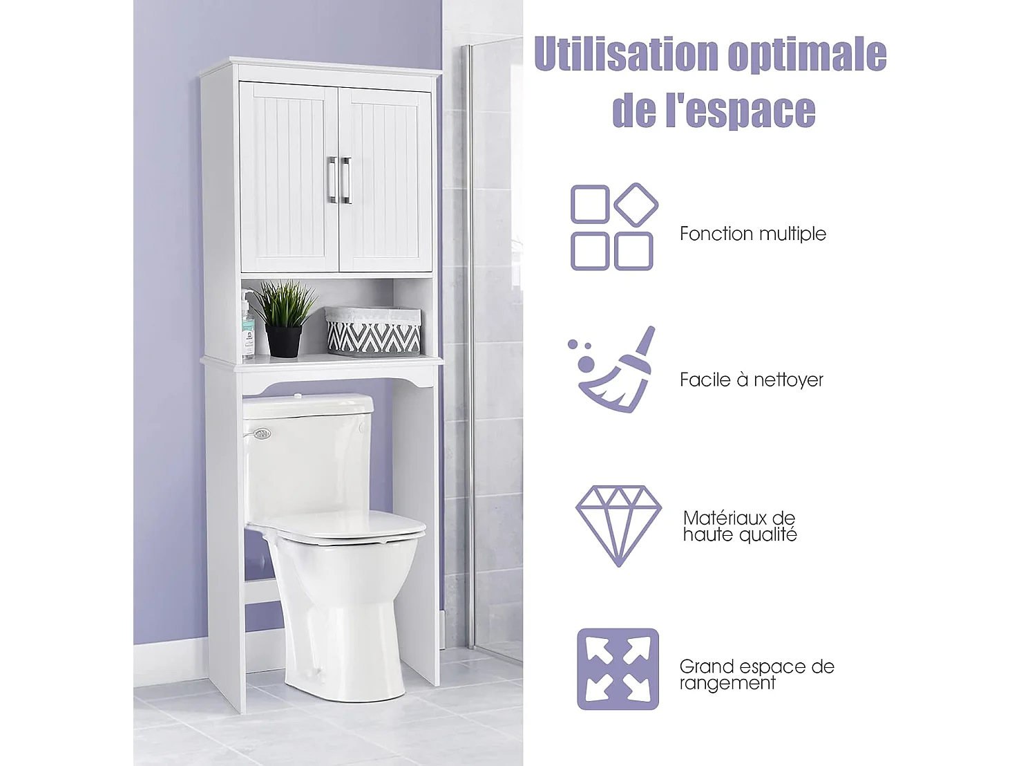 Meuble wc dessus de toilettes avec 3 étagères pour rangement blanc moderne 63 x 23 x 168 cm blanc