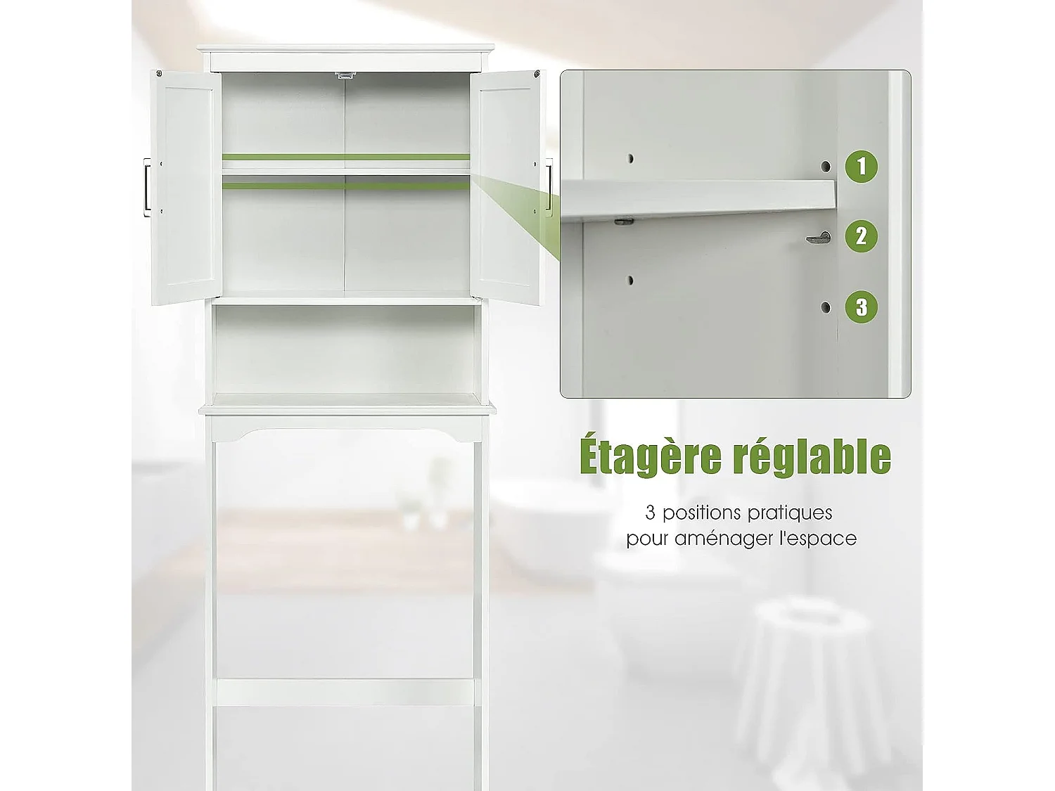 Meuble wc dessus de toilettes avec 3 étagères pour rangement blanc moderne 63 x 23 x 168 cm blanc