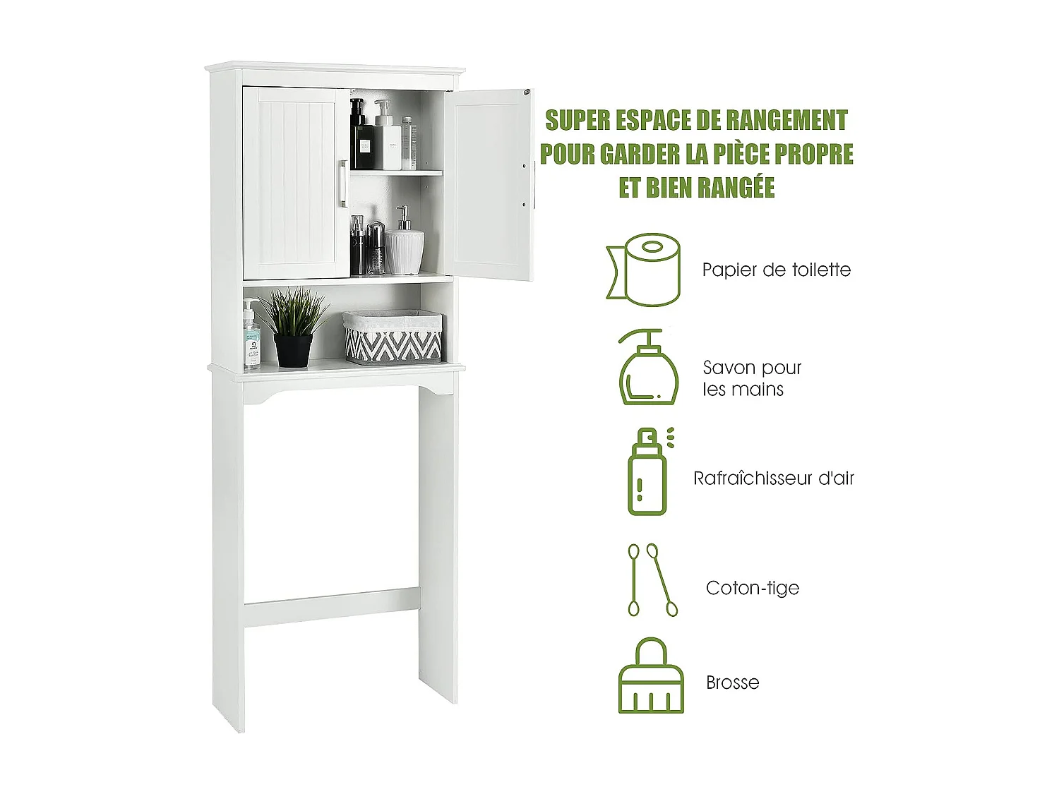 Meuble wc dessus de toilettes avec 3 étagères pour rangement blanc moderne 63 x 23 x 168 cm blanc