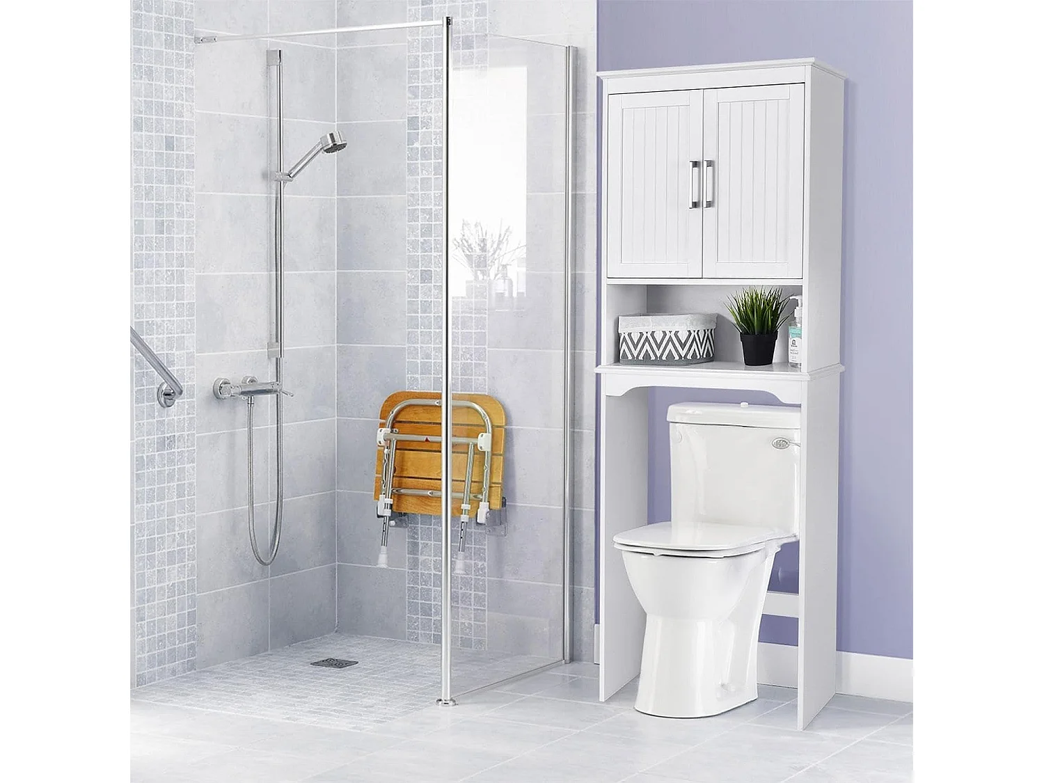 Meuble wc dessus de toilettes avec 3 étagères pour rangement blanc moderne 63 x 23 x 168 cm blanc