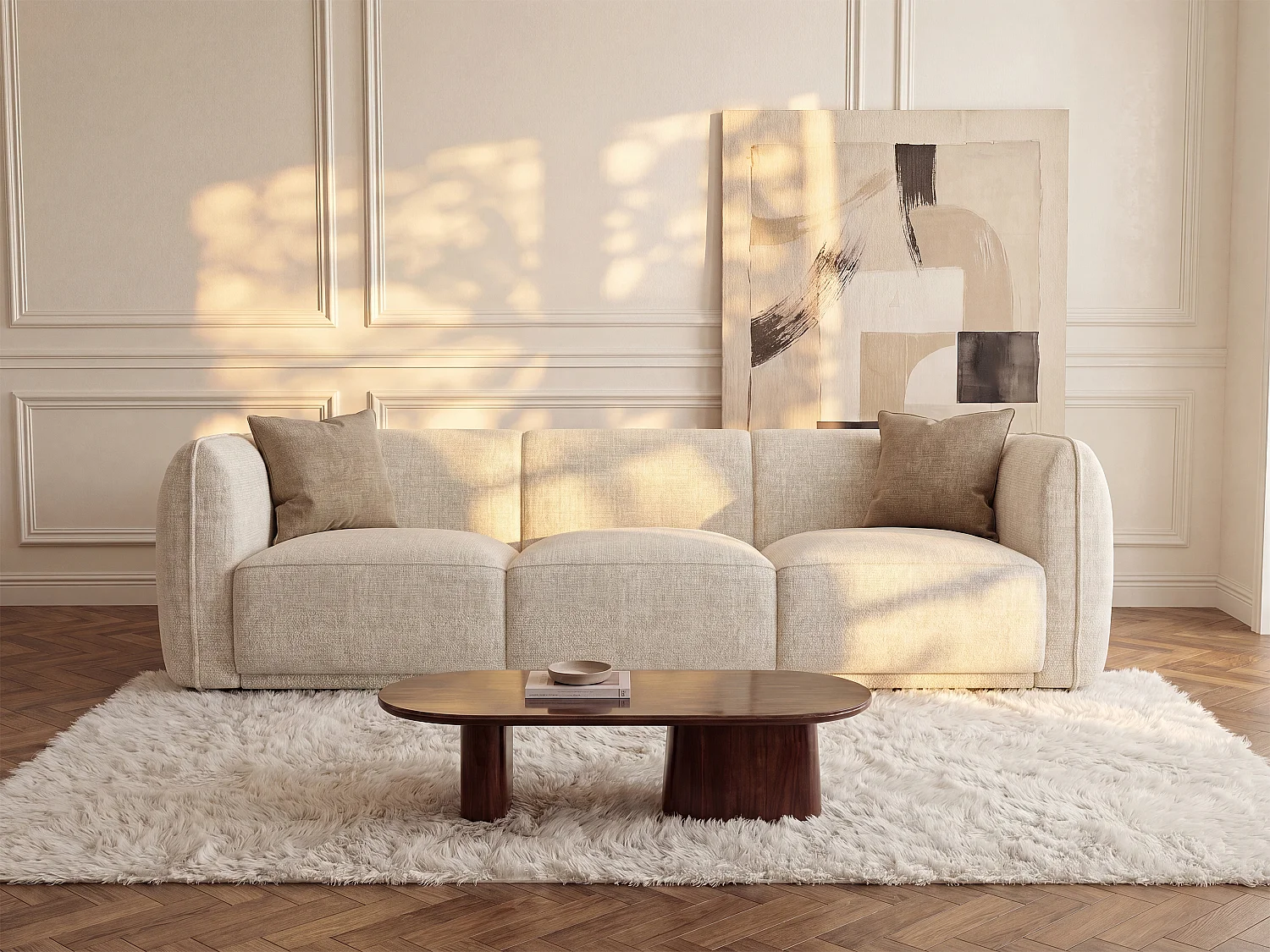 3-Seater Sofa in Beige Chenille Fabric JUNETI