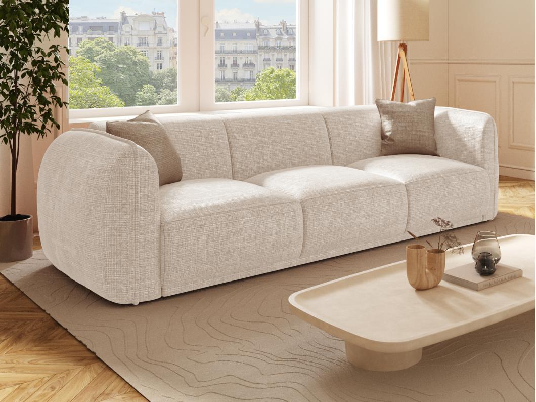 Driezitsbank van beige stof met textuur JUNETI