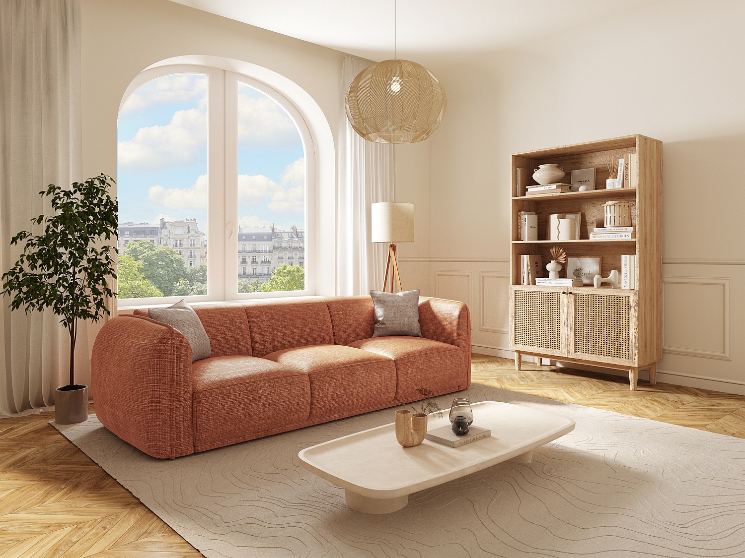 Sofa 3-Sitzer - Chenille-Stoff - Terracotta - JUNETI günstig online kaufen