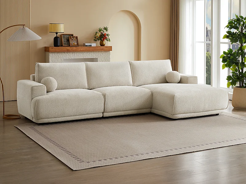 Højre hjørnesofa i beige chenillestof med højt svovl EMABI af Maison Céphy