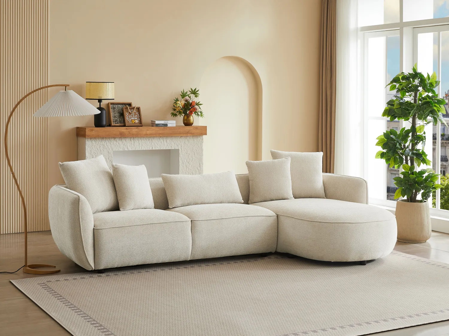 Canapé d'angle droit en tissu chenille beige DOKALO de Maison Céphy