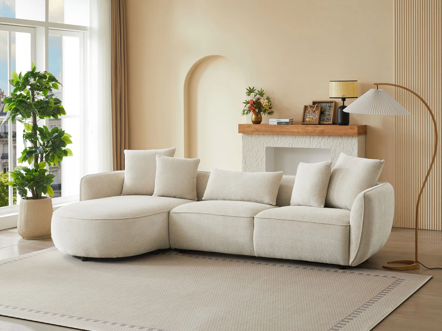 Canapé d'angle gauche en tissu chenille beige DOKALO de Maison Céphy