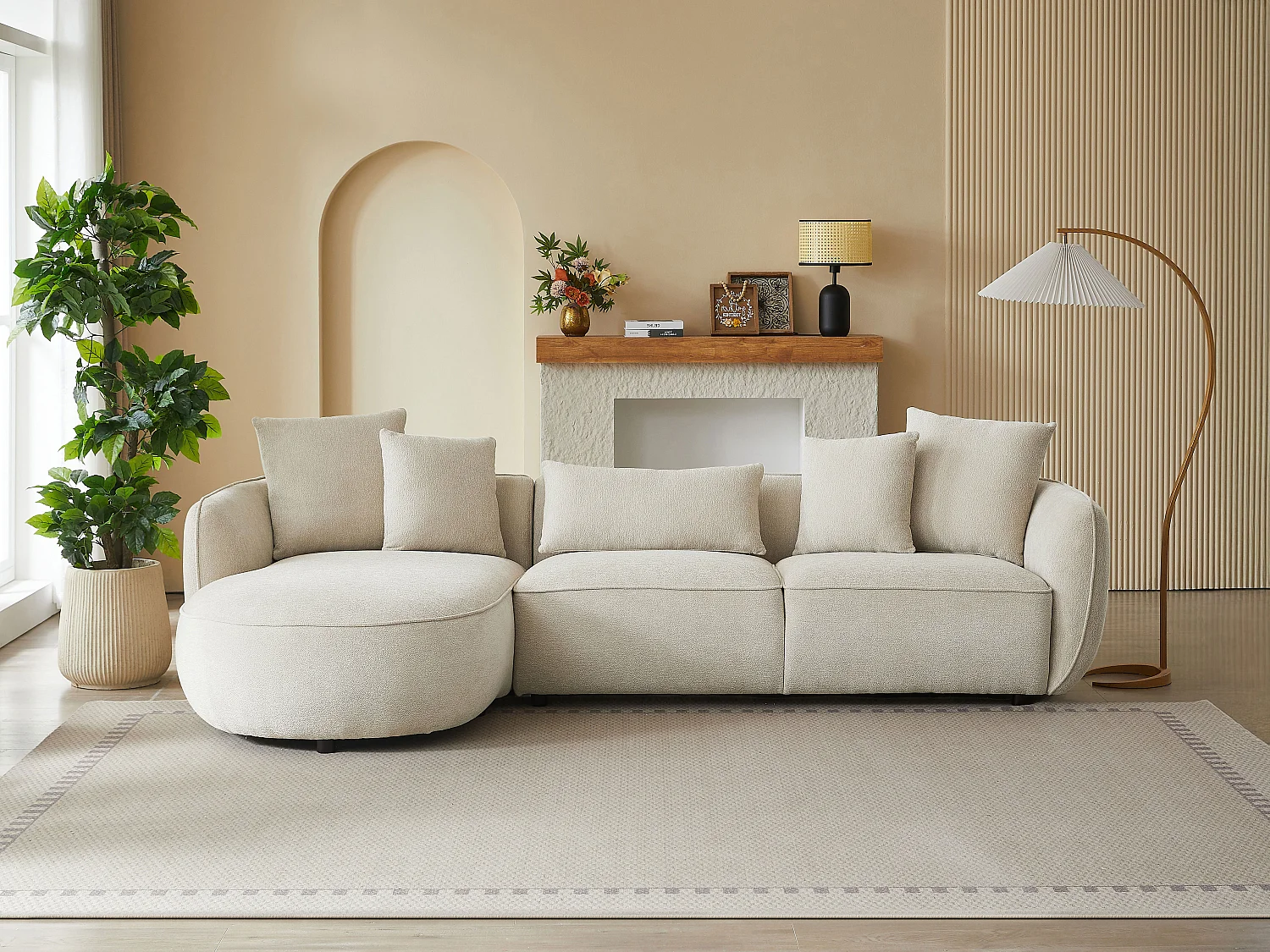 Canapé d'angle gauche en tissu chenille beige DOKALO de Maison Céphy