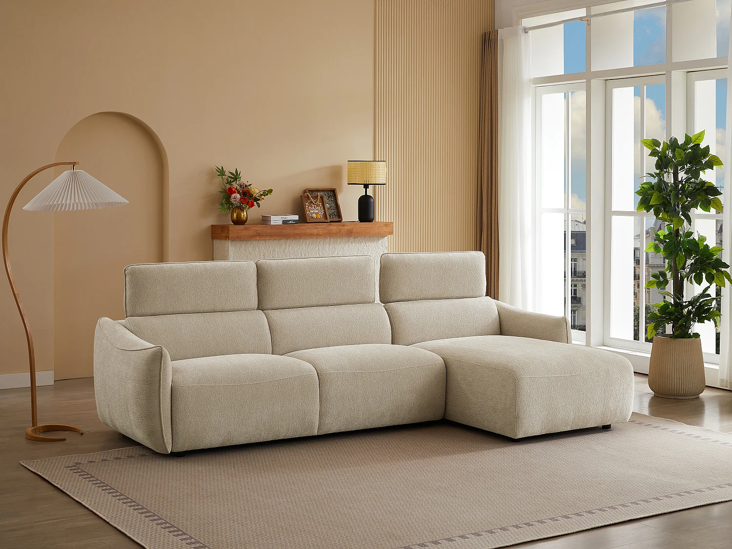 Canapé d'angle droit en tissu chenille beige TAZIZA