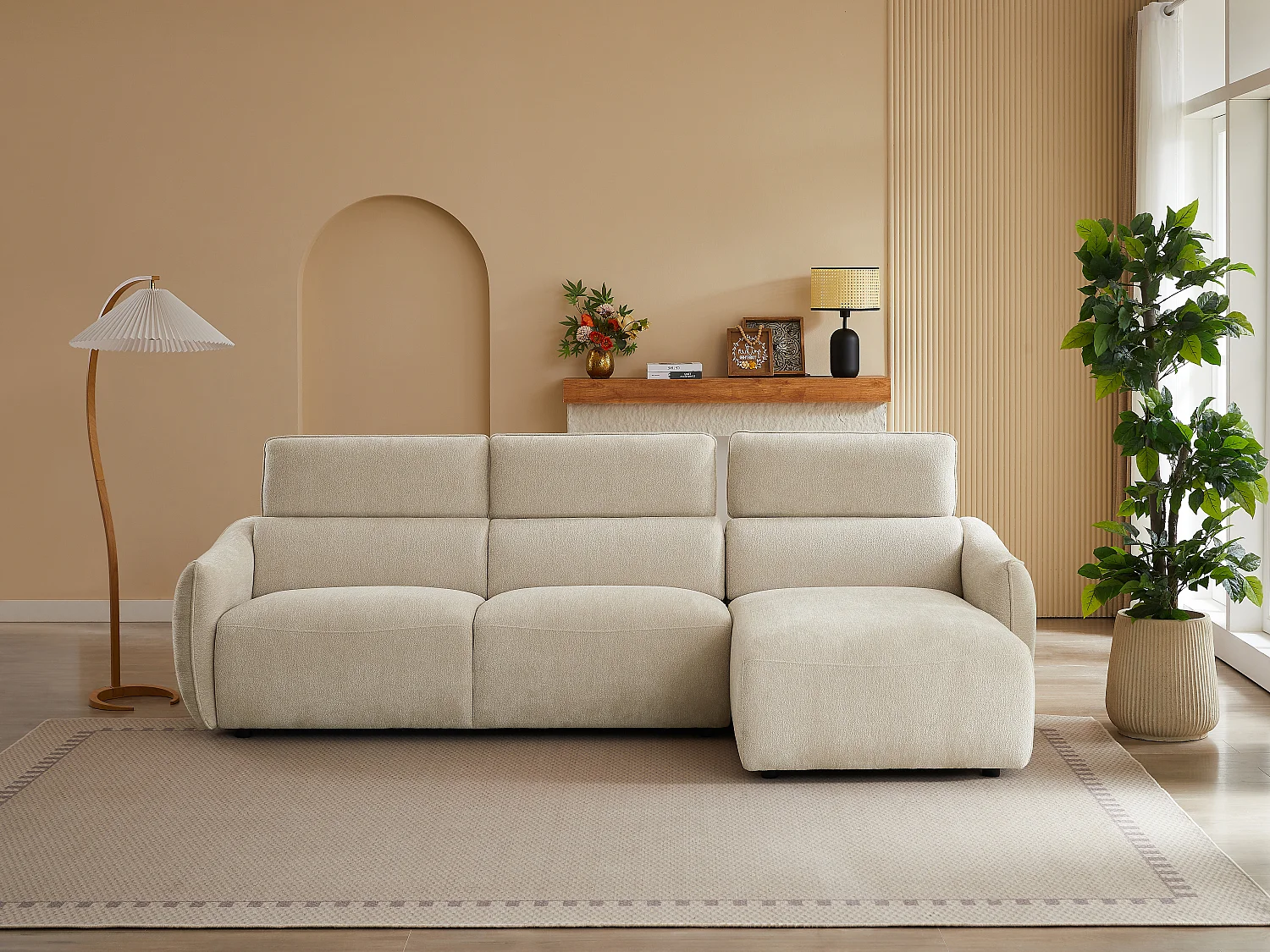 Sofá rinconera derecha en chenilla beige TAZIZA