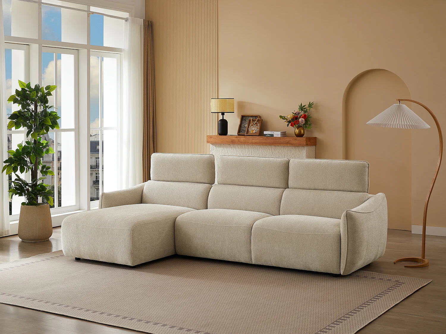 Canapé d'angle gauche en tissu chenille beige TAZIZA