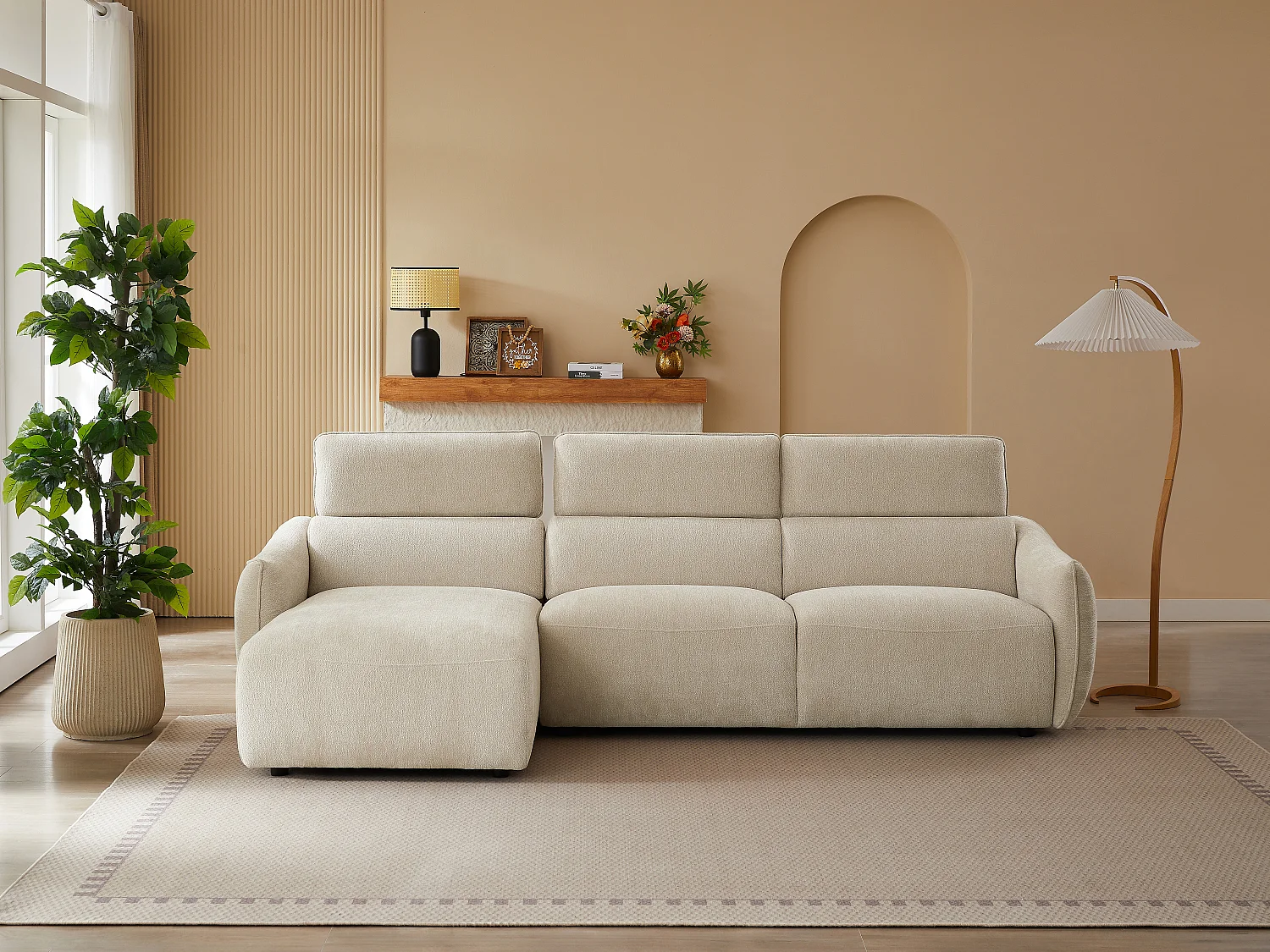 Sofá rinconera izquierda en chenilla beige TAZIZA